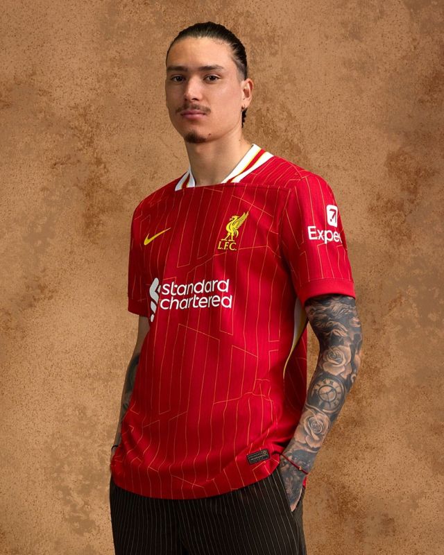 Darwin Nunez models the new Liverpool kit