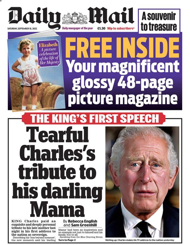 Daily Mail, Kral’ın ulusa seslendiği konuşmasında, gözlerinin yaşlı olduğu bir kareye birinci sayfasında yer verdi. Gazete “Gözü yaşlı Charles, sevgili annesini saygıyla andı” başlığını kullandı.