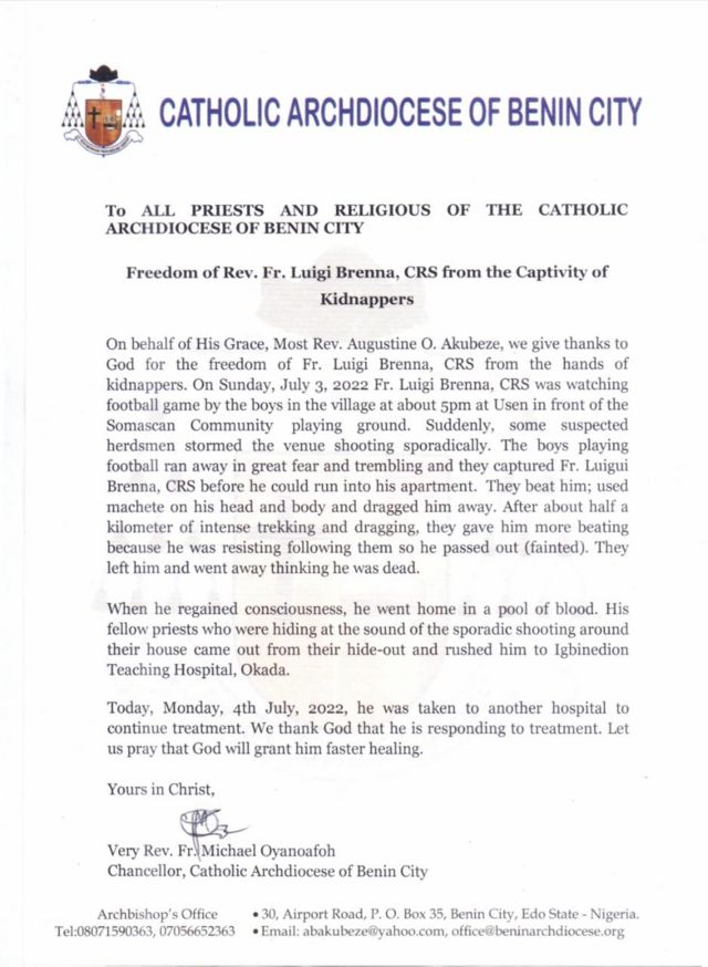 Rev Fr. Luigi Brenna kidnap: Catholic church disagree wit police on rescue of Italian priest for Edo