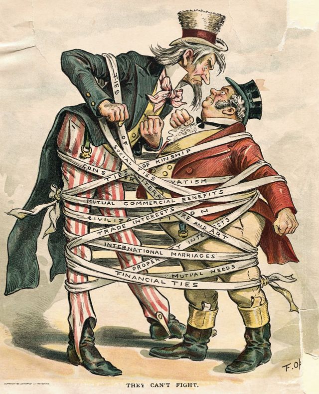 كاريكاتور سياسي بعنون "لا يمكننا أن نتقاتل" يعود إلى عام 1896 يصور المصالح العديدة التي تربط أمريكا وبريطانيا مجسدتين في شخصيتي العم سام وجون بُل