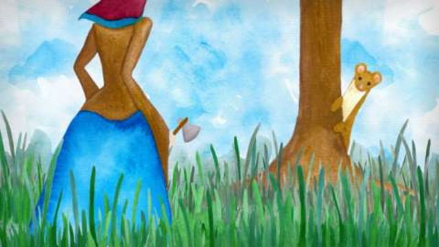 Dibujo en témpera de una mujer tras una comadreja que se esconde tras un árbol