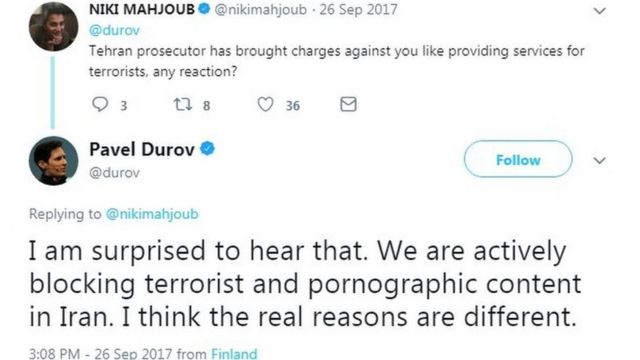 پاول دوروف، مدیر تلگرام در پاسخ به بی‌بی‌سی فارسی در توییتر نوشت: "از شنیدن این خبر شوکه شدم، ما به طور مداوم مضامین پورن و تروریستی را در ایران مسدود می‌کنیم، فکر می‌کنم دلیل واقعی این برخورد چیز دیگری است."