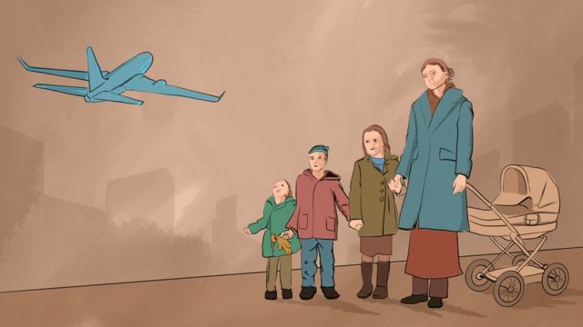 Рисунок: Женщина с детьми смотрят на улетающий самолет