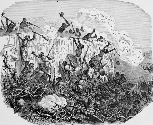 Ilustración hecha en 1877 de la batalla de Abeokuta, en el suroeste de la actual Nigeria, que los invasores de Dahomey atacaron en 1851.