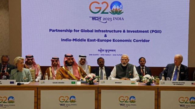 (L-R) European Commission President Ursula von der Leyen, Saudi Arabia's Crown Prince and Prime Minister Mohammed bin Salman, India's Prime Minister Narendra Modi and US President Joe Biden attend a session as part of the G20 Leaders' Summit at the Bharat Mandapam in New Delhi on September 9, 2023. (Photo by Ludovic MARIN / POOL / AFP) (Photo by LUDOVIC MARIN/POOL/AFP via Getty Images)