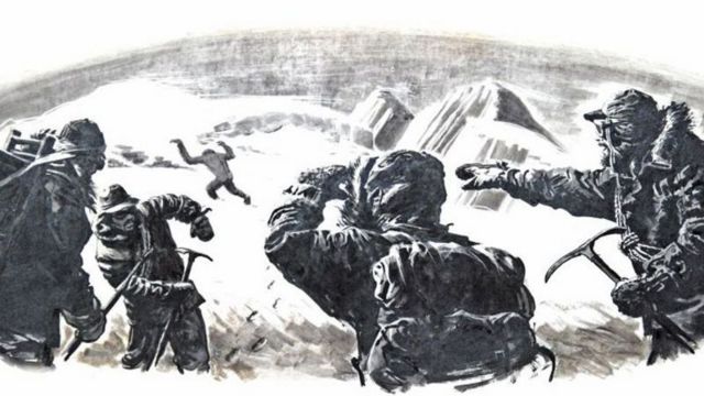 Alpinistas no Himalaia avistam um abominável homem das neves ou Yeti à distância no Nepal, em um desenho de aproximadamente 1950