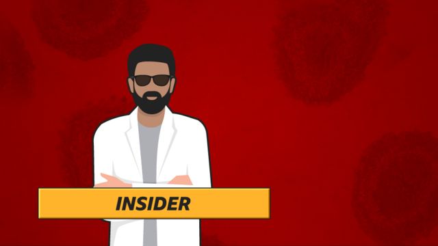 "The Insider": Cartoon man in lab coat and sunglasses on red background.