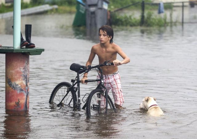 Niño con agua más allá del tobillo en Saint Marks, en el golfo de Florida, por las inundaciones provocadas por el huracán Hermine.