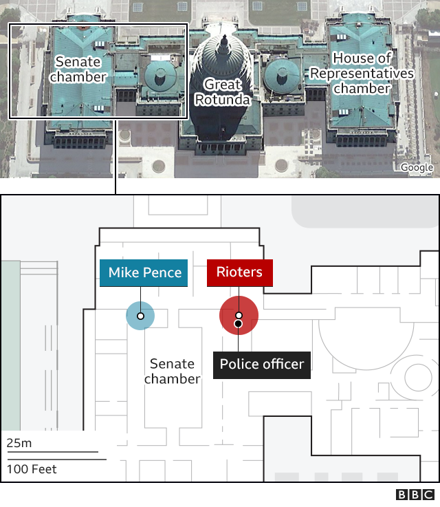 A map showing Mike Pence, rioters and Eugene Goodman's location