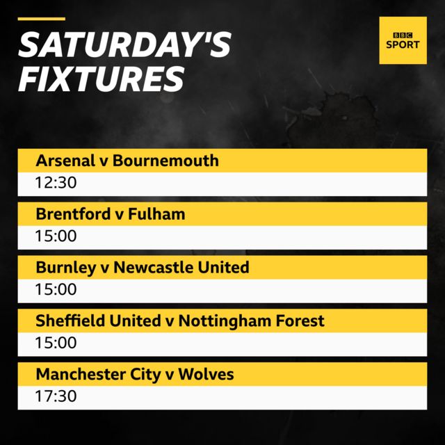 A graphic describing Saturday's Premier League fixtures: Arsenal v Bournemouth 12:30, Brentford v Fulham 15:00, Burnley v Newcastle United 15:00, Sheffield United v Nottignham Forest 15:00, Manchester City v Wolves 17:30