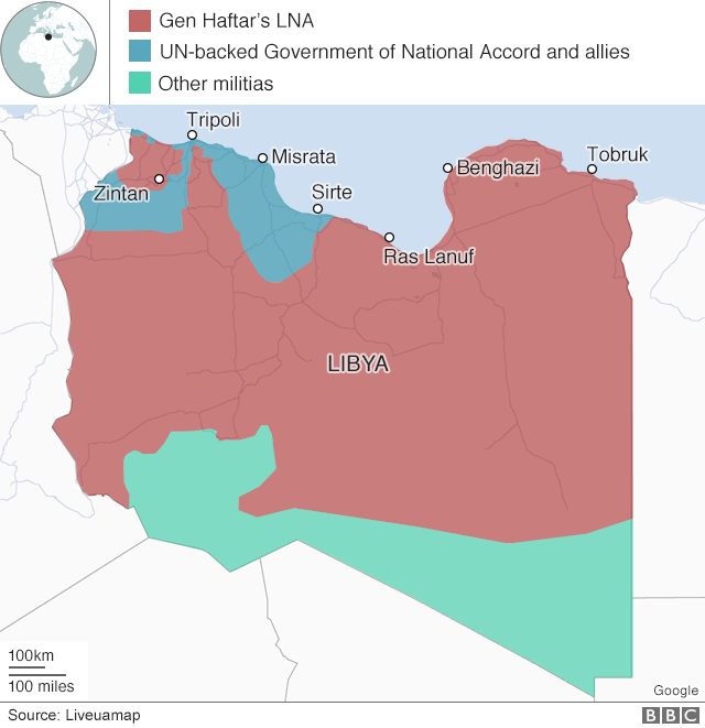 Map of Libya, showing who controls which area