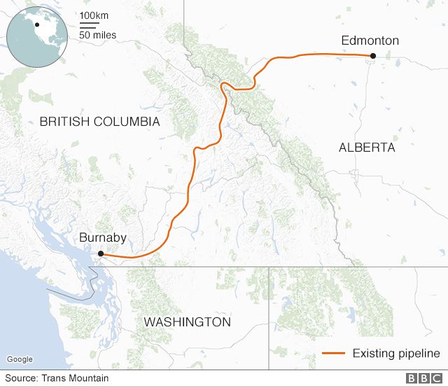 A map of the Trans Mountain pipeline route