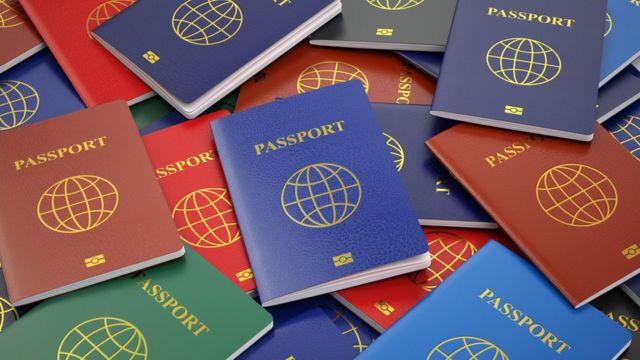 Varios pasaportes de diferentes colores.
