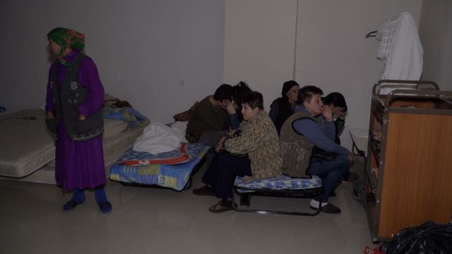 Basement of a hotel is being used as a bomb shelter for refugees