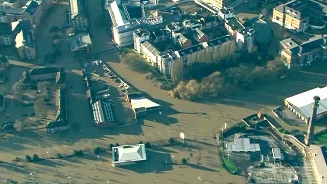 Aerial views of flooded parts of York