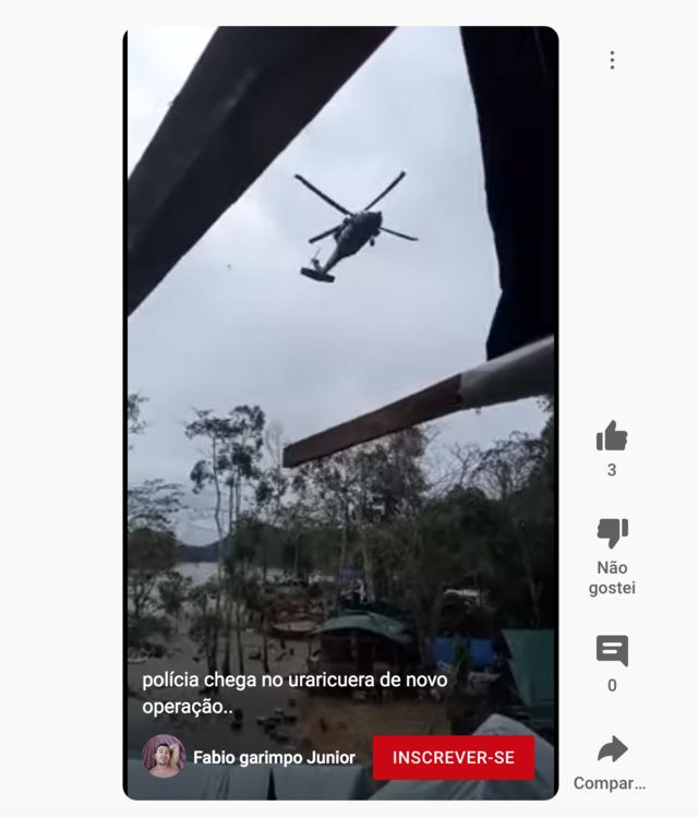 Helicóptero sobrevoando acampamento em vídeo no YouTube