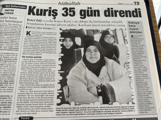 Konca Kuriş'in ölümüne ilişkin Milliyet gazetesinde yer alan bir makale. Başlıkta 'Kuriş 35 gün direnebildi' yazıyor.