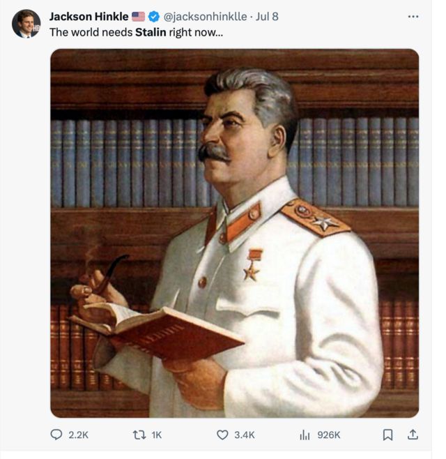 “Прямо сейчас мир нуждается в Сталине...” — гласит твит Хинкла