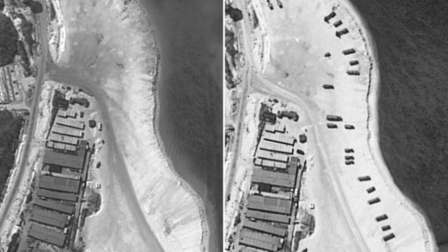 今月3日（左）と14日（右）に撮影されたウッディー島の衛星写真