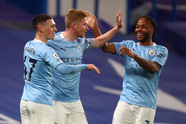 Manchester City's Phil Foden, Kevin de Bruyne and Raheem Sterling