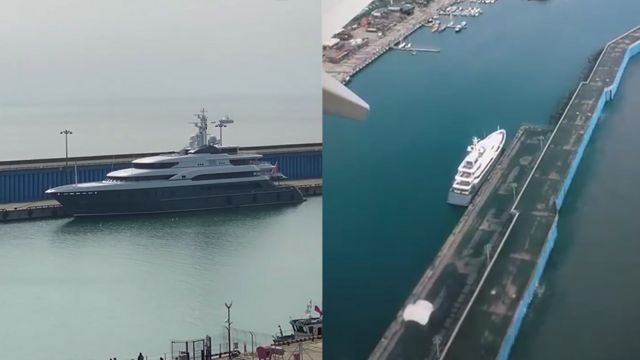 Two photos, one from a dock and one from a plane, showing Clio in the port of Adler