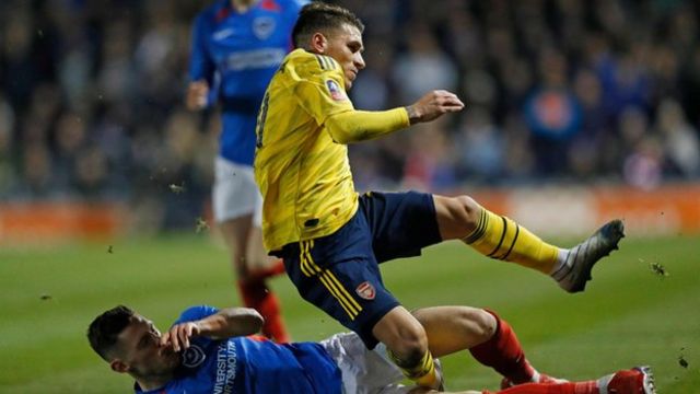 Arsenal's Lucas Torreira was injured in the FA Cup tie at Portsmouth