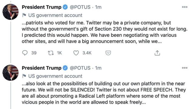 Donald Trump's tweets from @POTUS account, 8 January 2021