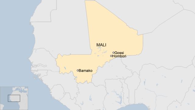 Carte du Mali montrant l'emplacement de Bamako, Gossi et Hombori