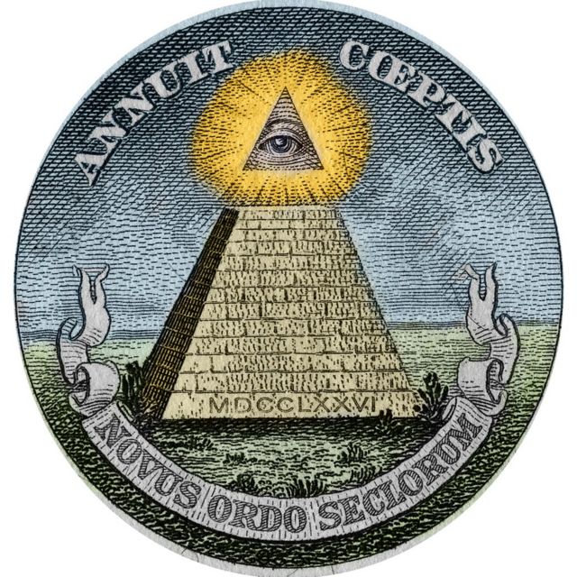 Pirâmide e "olho que tudo vê", símbolos usados ​​no Grande Selo dos Estados Unidos (usado para autenticações) e impressos em papel-moeda no país.