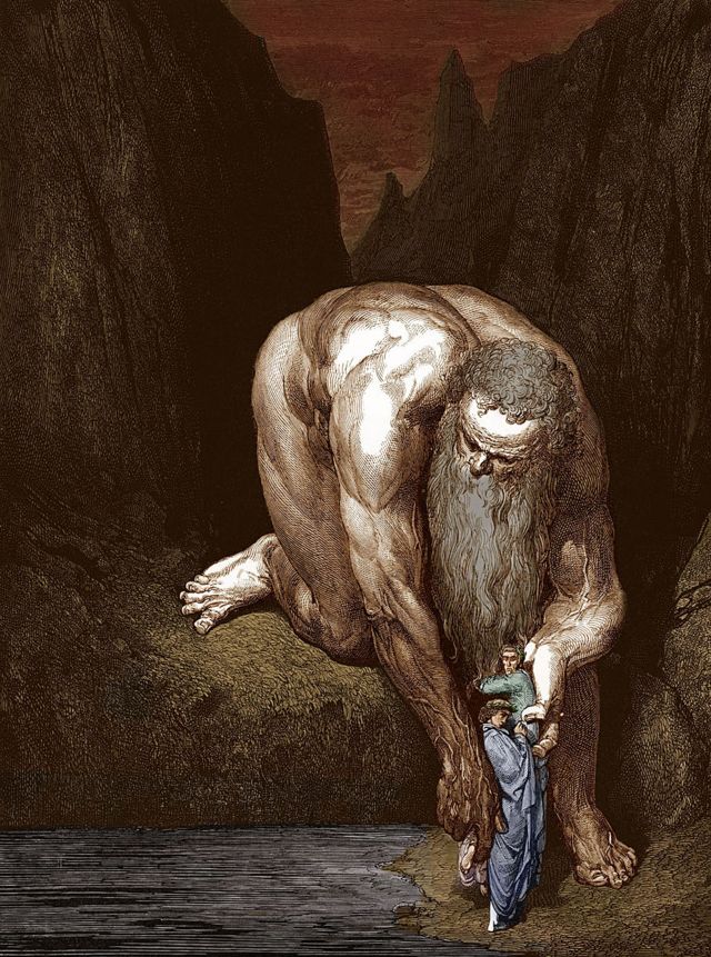 El Gigante Anteo se inclina y levanta a Dante y Virgilio, antes de bajarlos al fondo del abismo. (Inferno, Canto 31, líneas 127-131). Dibujado por Gustave Doré.