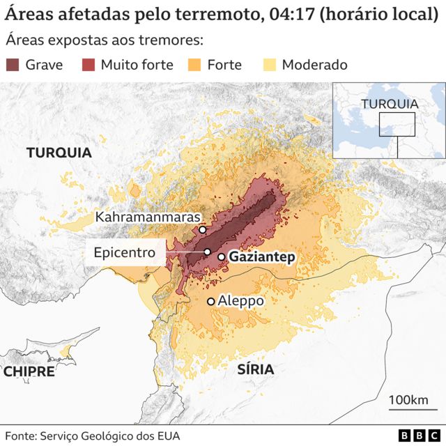 Mapa mostra áreas afetadas pelo terremoto