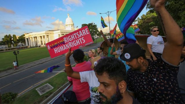 A Sri Lankan man holds a placard which states &quot; LGBTIQ rights are human rights' at Colombo, Sri Lanka on Saturday 17 June 2017