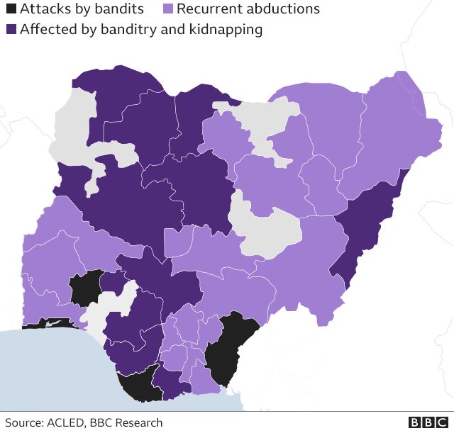 map showing areas worst affected by banditry and kidnapping