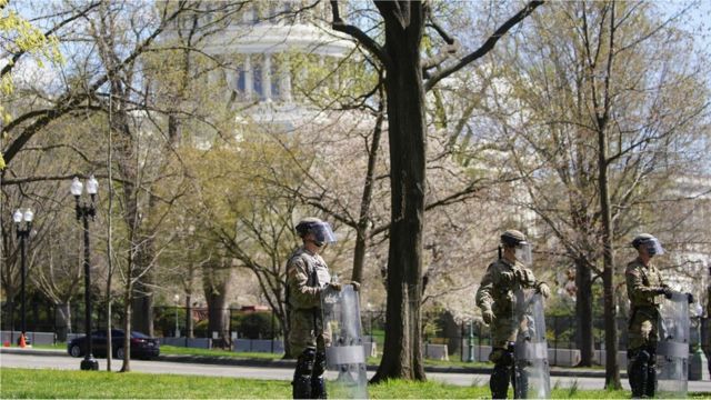 National Guard members stand guard streets surrounding the U.S. Capitol and congressional office buildings following a security threat at the U.S. Capitol in Washington, U.S., April 2, 2021.