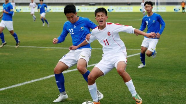 South and North Korea"s youths play a soccer game during the 5th Ari Sports Cup in Chuncheon