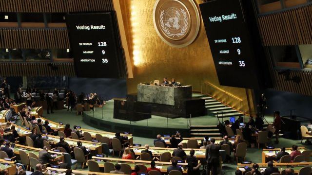 Resultado de la votación de la resolución de Naciones Unidas sobre la decisión de EE.UU. de trasladar su embajada en Israel a Jerusalén