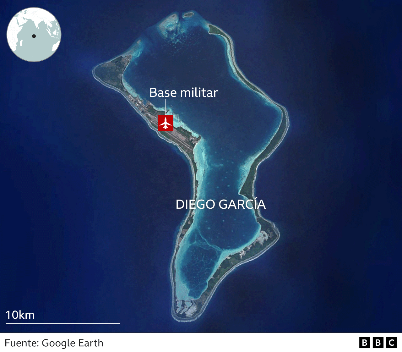 Mapa que muestra la base militar en Diego Garcia