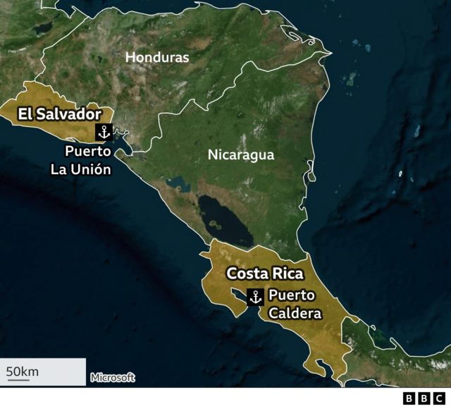 Mapa que muestra Puerto Caldera en Costa Rica y Puerto La Unión, en El Salvador