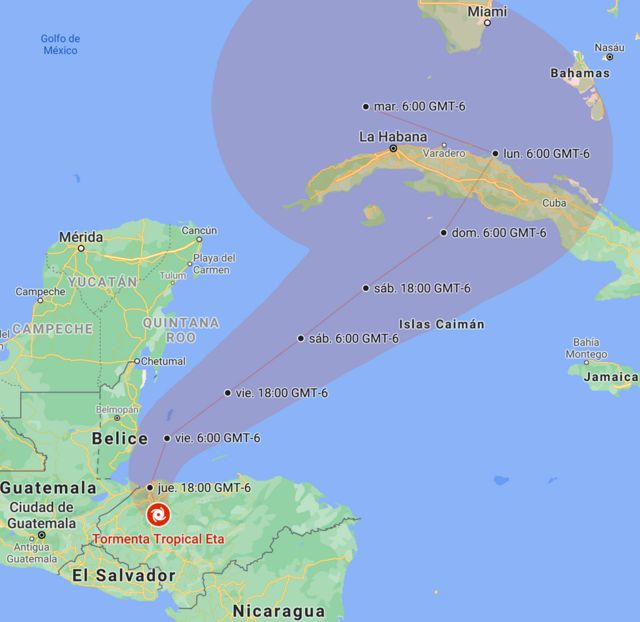 Posición y trayectoria de Eta prevista por el NHC, actualizado a las 06:00 CST (GMT-6) del jueves, 5 de noviembre.