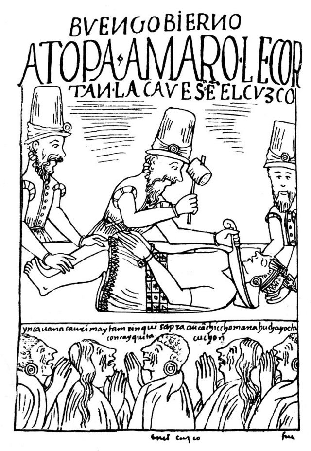 Dibujo del inca Atahualpa siendo asesinado por españoles