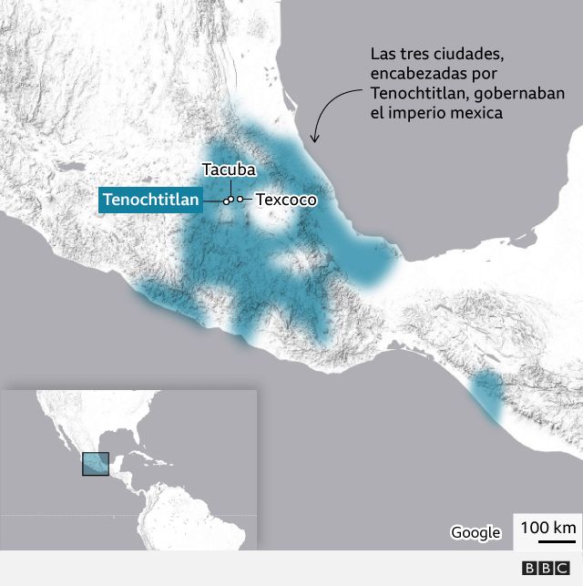 Mapa que situa las tres ciudades Tenochtitlan, Texcoco y Tacuba.