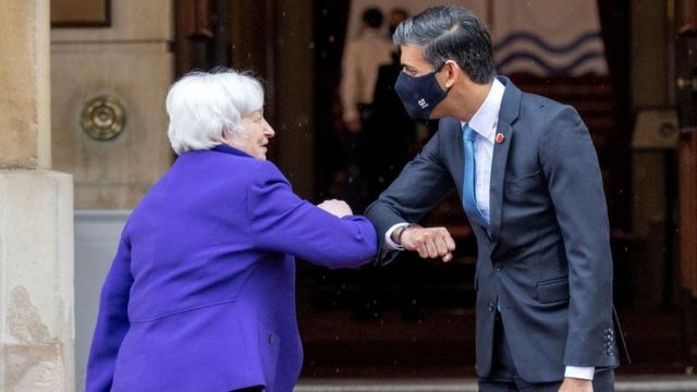 La secretaria del Tesoro, Janet Yellen, y el ministro de Hacienda de Reino Unido, Rishi Sunak.