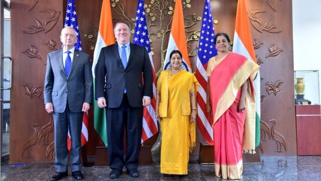 भारत की विदेश मंत्री सुषमा स्वराज, रक्षा मंत्री निर्मला सीतारमण, अमरीका के विदेश मंत्री माइक पॉम्पियो और रक्षा मंत्री जेम्स मैटिस