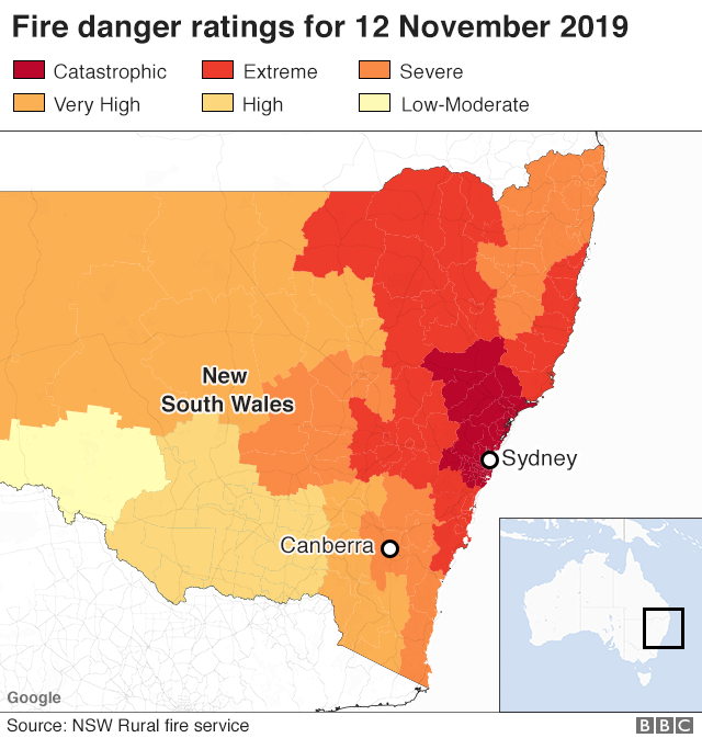 Map: Fire warnings in New South Wales, Australia, for 12 November 2019