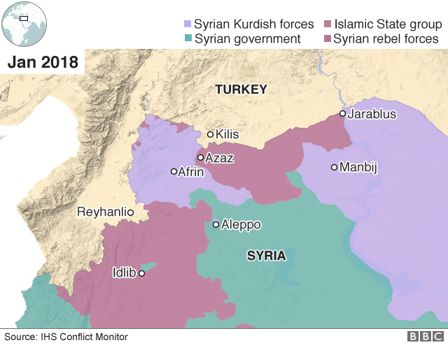 Map showing control of north-western Syria around Afrin (22 January 2018)