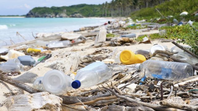 Plástico em praia do Caribe