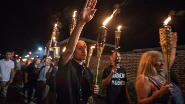 At a 2017 rally in Charlottesville, far-right activists chanted "Jews will not replace us"