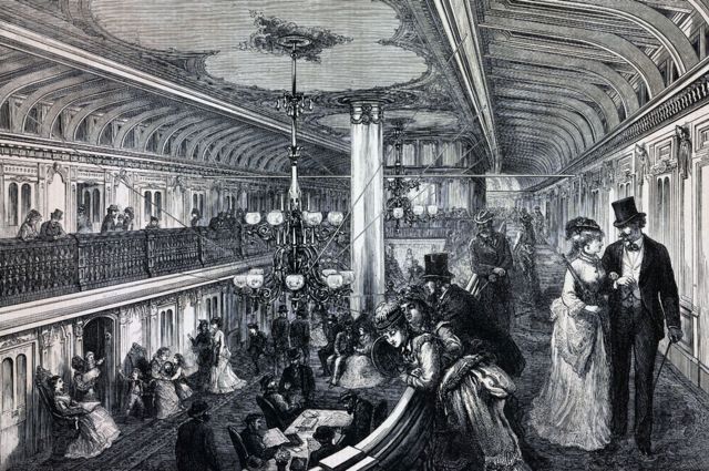 Ilustración del lujoso interior de un barco a vapor, a finales del siglo XIX
