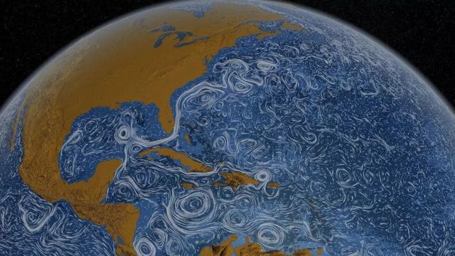 ภาพแสดงทิศทางของกระแสน้ำสายต่าง ๆ ในซีกโลกเหนือ ซึ่งไหลเวียนอยู่ที่ส่วนบนของมหาสมุทร
