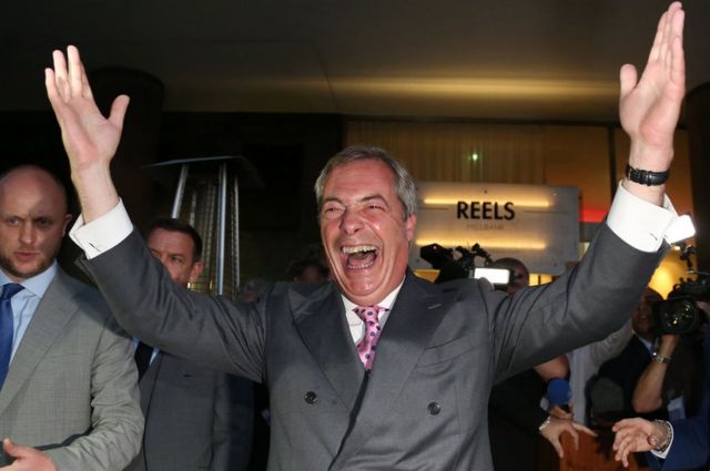 Leader of the United Kingdom Independence Party (UKIP), Nigel Farage reacts at the Leave.EU referendum party at Millbank Tower in central London on June 24, 2016,